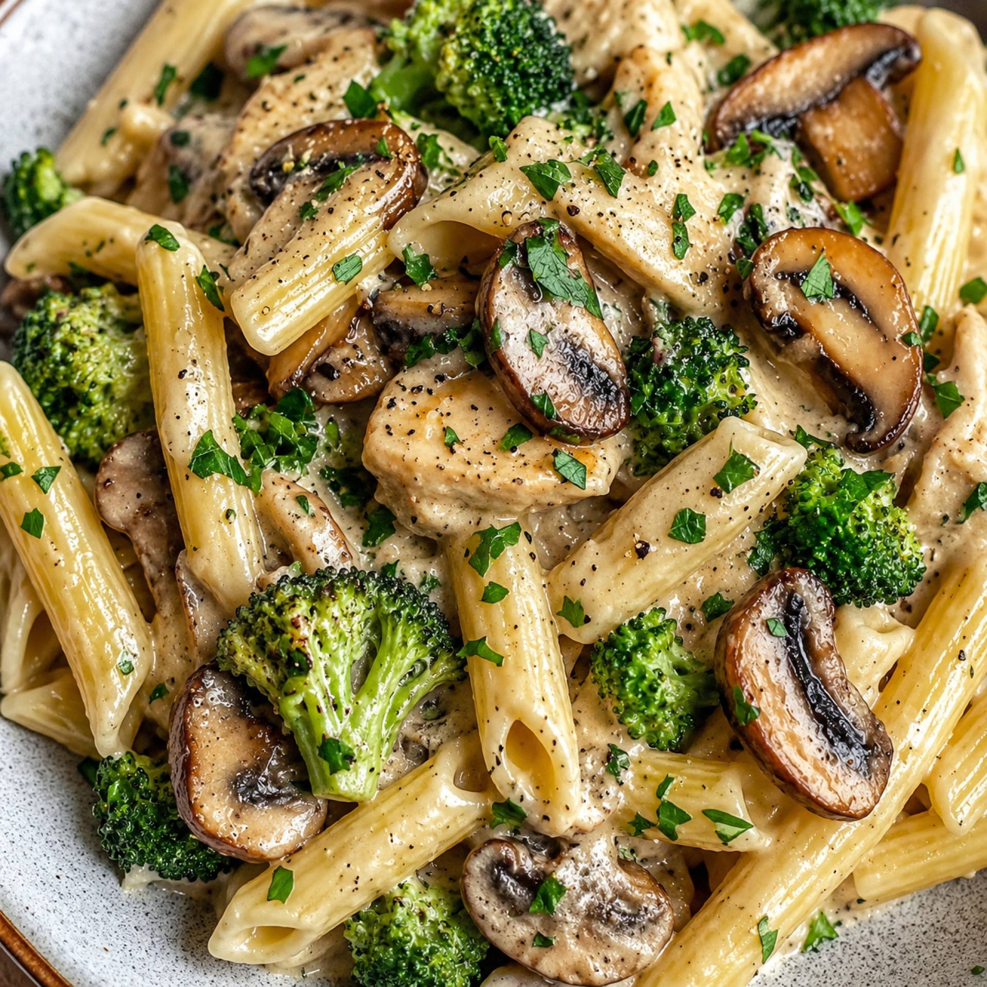 Creamy Garlic Mushroom & Broccoli Pasta